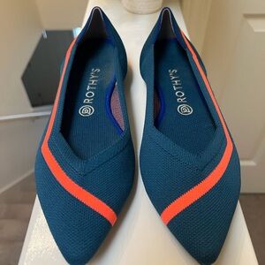 Rothy’s The Point Flat Shoes Teal Graphic Neon Stripe Retired Size 10.5